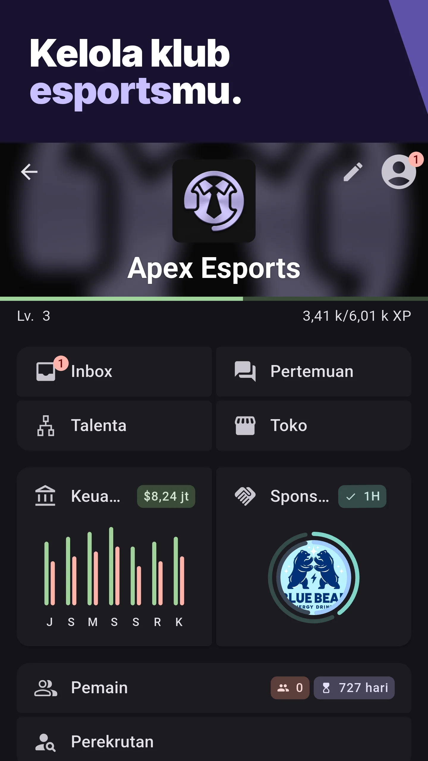 Kelola klub esportsmu.
