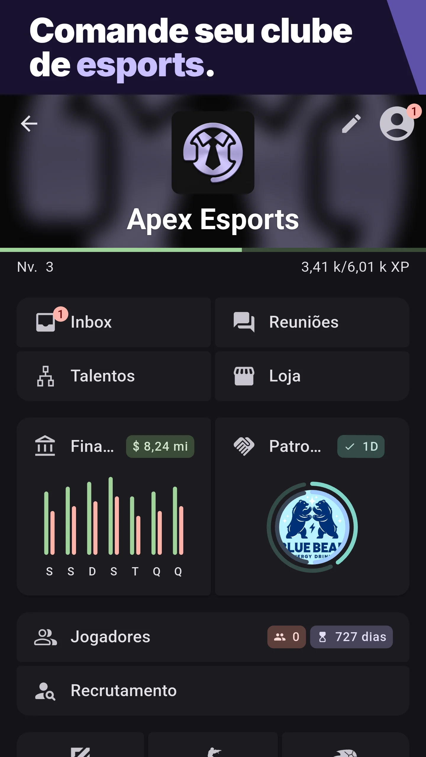 Comande seu clube de esports.
